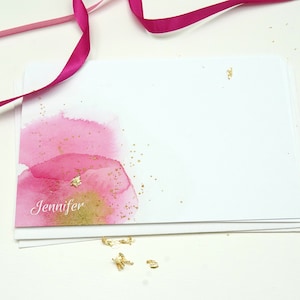 Fajas doradas y escarlatas. Tarjetas de notas personalizadas con acuarela, juego de tarjetas de notas abstractas hechas a mano, juego de papelería artística personalizada.