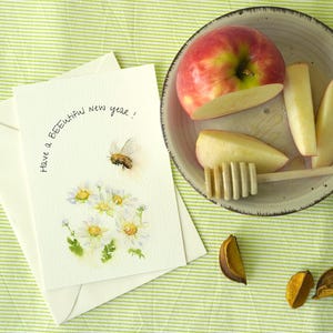 Cartão aquarela Shana Tova, cartão de felicitações para feriados judaicos e ano novo, cartão aquarela margaridas e abelhas, cartão aquarela floral Rosh Hashanah
