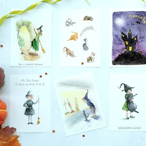 Cartes d'Halloween amusantes à l'aquarelle, lot de cartes d'Halloween, lot de cartes des fêtes et des saisons, lot de cartes aquarelles faites main pour Halloween.