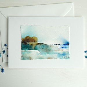Tarjeta de felicitación original pintada con acuarela, tarjeta de aniversario o de amor, tarjeta única con paisaje de lago en acuarela, no una impresión.
