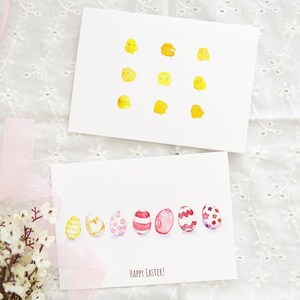 Conjunto de 2 cartões de ovos de Páscoa, conjunto de 2 cartões de Páscoa em aquarela, cartões de Páscoa engraçados, cartão de pintinhos de Páscoa e ovos de Páscoa feitos à mão