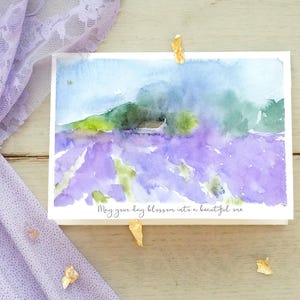 Set di biglietti di auguri con campo viola ad acquerello fatto a mano, mi manchi o amore