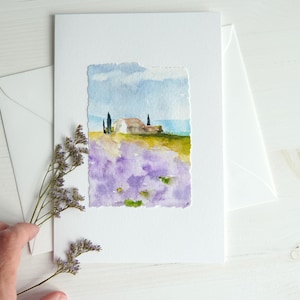 Tarjeta de felicitación original pintada con acuarela, tarjeta de aniversario, tarjeta de amor, tarjeta única con paisaje de acuarela de Provenza, no es una impresión.