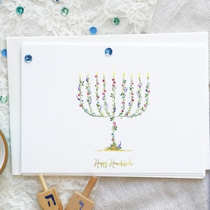 Ensemble de cartes de voeux florales aquarelles délicates de Hanoucca, cartes faites main de vacances juives de Hanoucca, paquet de cartes de Hanoucca heureux