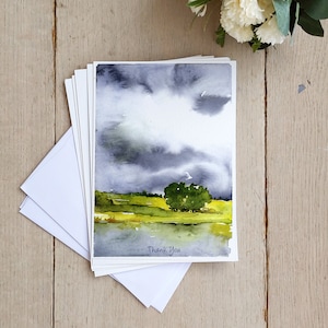 Cartes de remerciement aquarelles pour les amis et la famille, lot de cartes paysage aquarelle, carte de remerciement aquarelle paysage reflet de lac.