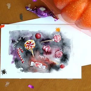 Cartes de voeux d'Halloween, carte des fêtes de fin d'année, jeu de cartes d'Halloween, carte aquarelle, carte de bonbons d'Halloween, carte rigolote des bonbons ou des sorts