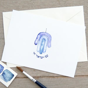 Cartão em aquarela AM YISRAEL CHAI, cartão de felicitações personalizado, cartão com símbolo judaico, cartão Hamsa judaico pintado à mão em aquarela.