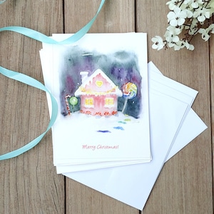 Handgemachte Weihnachtskarten, Aquarell Weihnachtskunstkarten, Packung Weihnachtskarten, Frohe Weihnachten Urlaub Grußkarten, Candy House