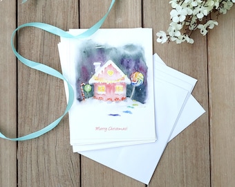 Handmade Christmas Cards, Watercolor Xmas Art Cards, Pack of Christmas Cards, Merry Christmas Holiday Greeting Cards, Candy House