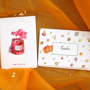 Ensemble de 2 cartes de voeux pour Thanksgiving, carte de feuilles rouges aquarelle, carte postale de vacances d'automne, joyeux Thanksgiving d'automne, cartes de paysage d'automne