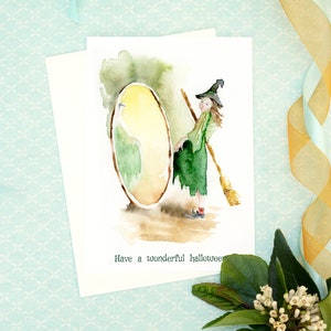 Cartões engraçados de Halloween, conjunto de cartões de Halloween feitos à mão, cartão sazonal, cartão de aquarela, cartão de Natal, pacote de cartões de Halloween, bruxa assustadora