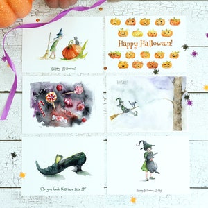 Jeu de cartes d'Halloween, cartes aquarelles drôles d'Halloween, jeu de cartes de vacances, carte de saison, cartes aquarelles faites à la main.