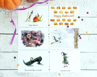 Funny Halloween Watercolor Card Set, Fall Holiday Card, Handmade ...