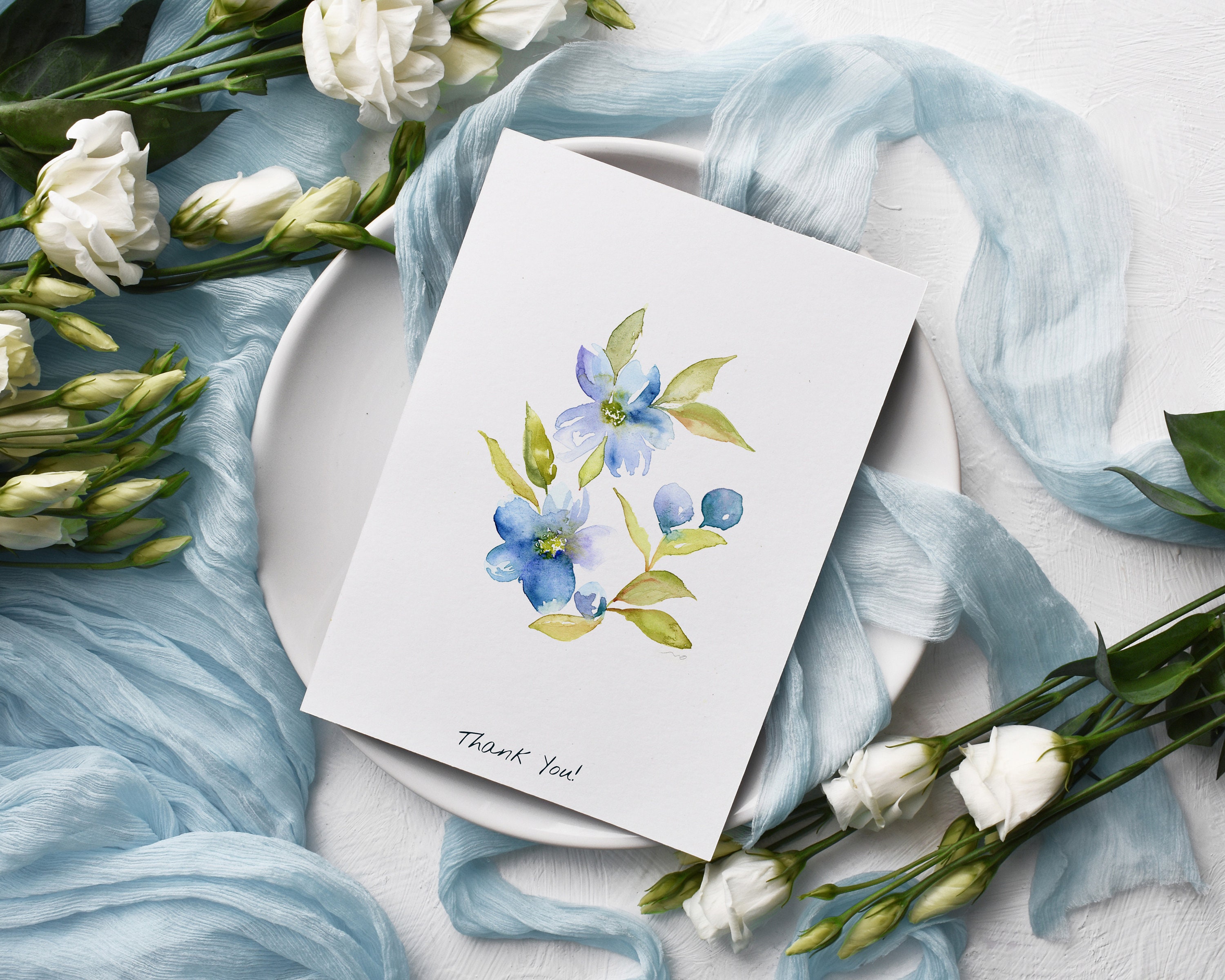 Watercolor Thank You Cards for Friends and Family, Blue Floral Card Set ...