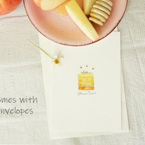 Cartão aquarela Shana Tova, cartão de felicitações de ano novo judaico, cartão aquarela de bolo de mel e abelhas para Rosh Hashanah, cartão de feriado judaico