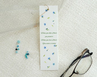 Handmade Watercolor floral bookmark, Painted gift for book lover, Blue flowers.