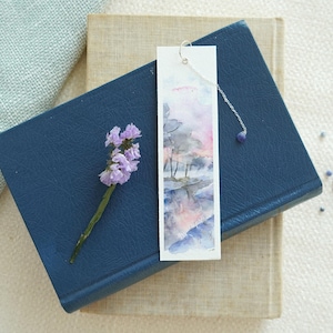 Handmade Bookmark, Watercolor winter landscape bookmark, Personalized handmade gift, Sunrise in the snow.
