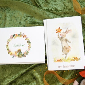 Ensemble de 2 cartes de voeux pour Thanksgiving, carte de feuilles rouges aquarelle, carte postale de vacances d'automne, joyeux Thanksgiving d'automne, cartes de paysage d'automne