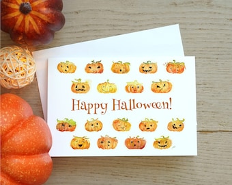 Halloween Greeting Cards, Seasonal Card, Halloween Card Set, Watercolor Card, Halloween Jack-o'-lantern card, funny Spooky Pumpkin Card