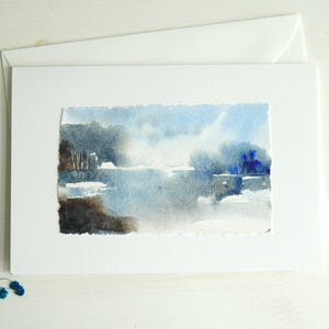 オリジナルの水彩画のグリーティング カード、記念日や愛のカード、水彩画の湖の風景が描かれたユニークなカード。印刷物ではありません。
