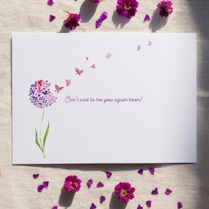 Conjunto de cartões de agradecimento em aquarela feitos à mão em rosa e roxo com saudades ou amor