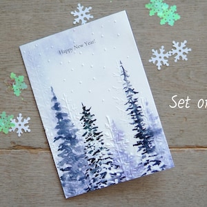 Conjunto de 2 cartões de aquarela de Feliz Ano Novo e Boas Festas, cartões de felicitações de Natal e Feliz Natal, cartões de arte de Natal feitos à mão