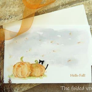 Conjunto de cartões engraçados de Ação de Graças pintados em aquarela, cartões de outono de abóbora e gato em aquarela, cartões postais de Feliz Ação de Graças para o feriado de outono