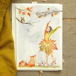 Conjunto de cartões de felicitações de Ação de Graças em aquarela feitos à mão, cartão postal de férias de outono com folhas vermelhas, cartão de feliz Ação de Graças de outono, doce fada do outono