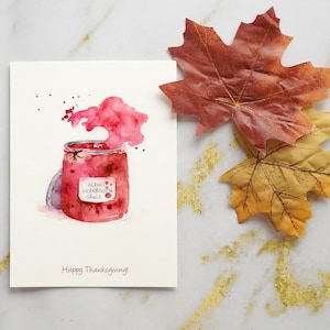 Cartão de Ação de Graças, Cartão de aquarela com cranberry, Conjunto de cartões comemorativos, Cartão de Ação de Graças para o feriado de outono, Cartões fofos de Ação de Graças no outono