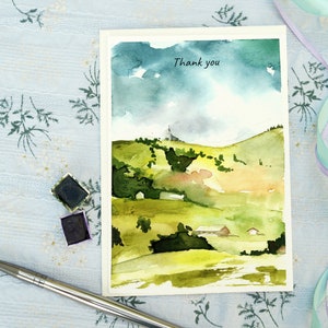 Watercolor Thank You Cards for friends and family, Watercolor landscape Card Set, Swiss hills scenery watercolor appreciation card.