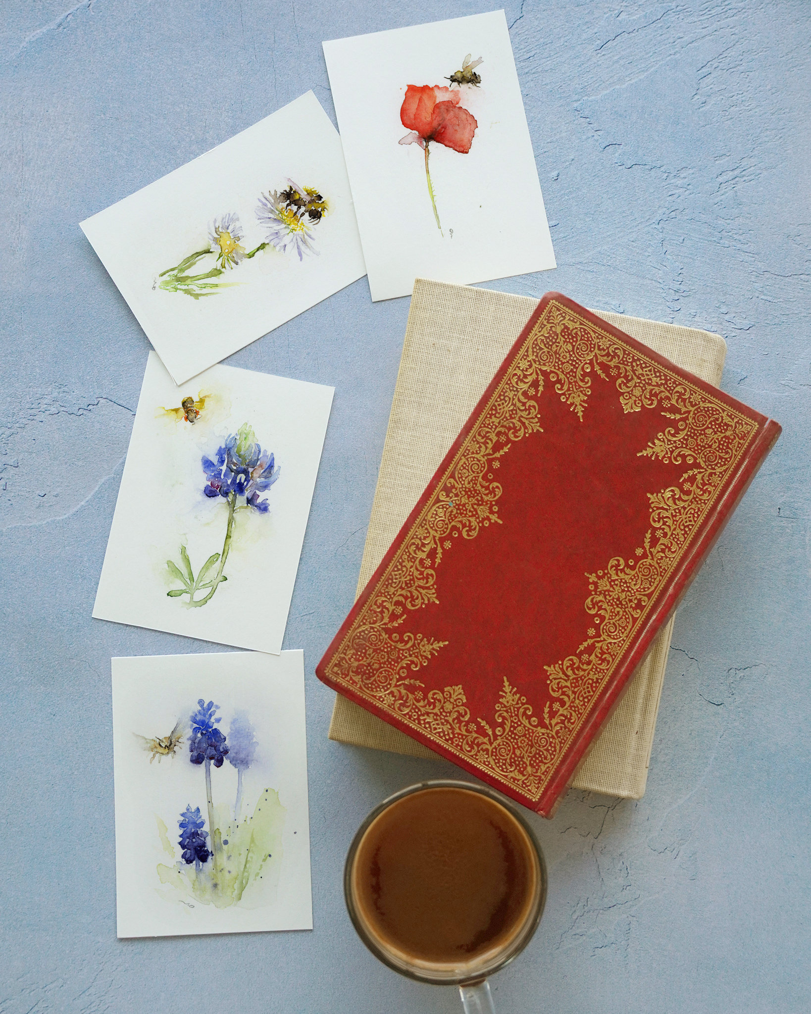 Watercolor Floral Greeting Card Set, Flowers and Bees Set of 4 Cards ...