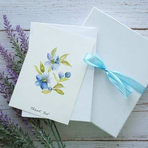 Biglietti di ringraziamento ad acquerello per amici e familiari, set di biglietti floreali blu, biglietto di apprezzamento ad acquerello fatto a mano con fiori blu