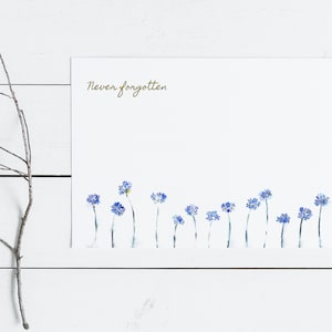 Carte de condoléances faite main ne m'oubliez pas, carte aquarelle jamais oubliée, carte de sympathie florale aquarelle, désolé pour votre perte,