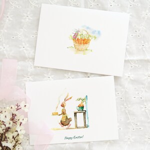 Conjunto de 2 cartões de felicitações de coelho da Páscoa, conjunto de 2 cartões de Páscoa em aquarela, cartões de Páscoa engraçados, cartão de cenouras feito à mão