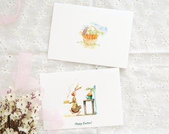 2 Easter bunny greeting card set, Watercolor Easter card set of 2, Funny Easter Cards, handmade carrots card