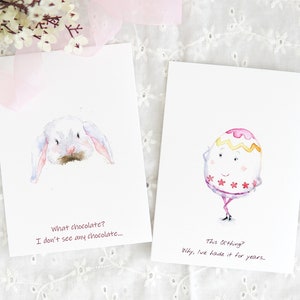 Conjunto de 2 cartões de saudação de ovos de Páscoa, conjunto de 2 cartões de Páscoa em aquarela, cartões de Páscoa engraçados, cartão de ovo de Páscoa e coelho de Páscoa feito à mão