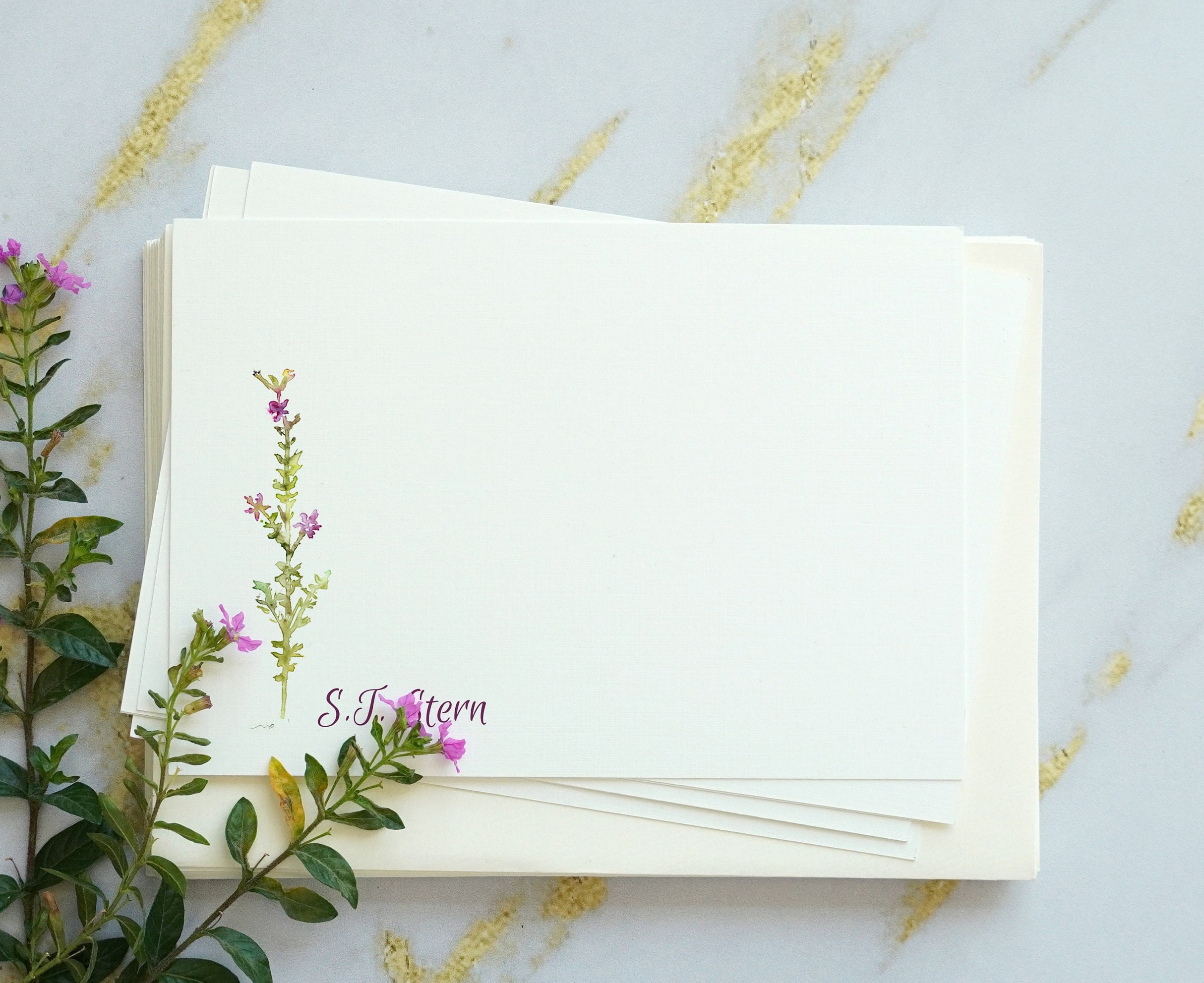 Custom Stationery, Note Cards Handmade, Watercolor Purple Floral Note ...