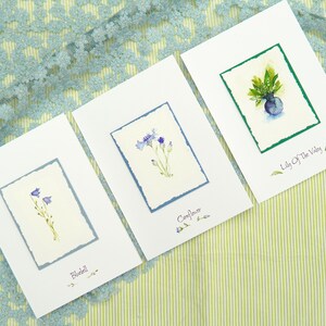 Set of 3 floral watercolor painted greeting cards. Bluebell, Cornflower, and Lily of the Valey.