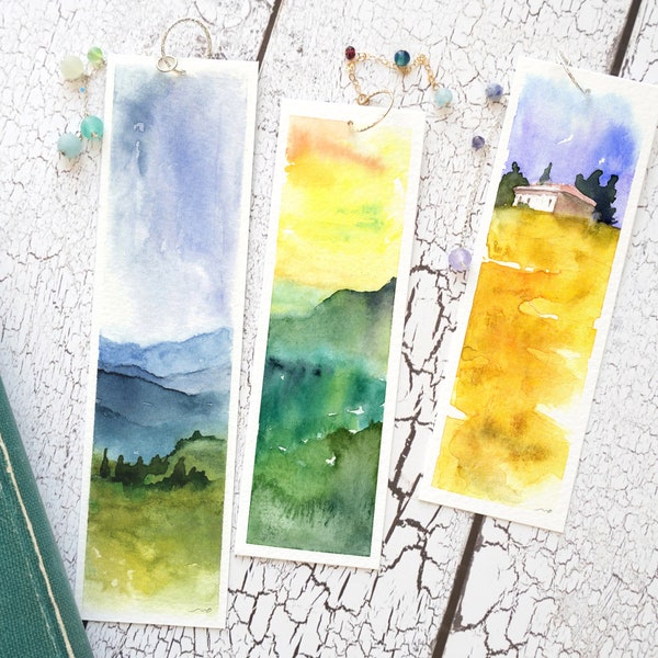 Bookmark set of 3, customized watercolor painted landscape bookmark, personalized handmade gift, Landscape scenery bookmarks. Genuine stones