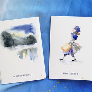 2 cartes de Noël, cartes d'art aquarelle pour les fêtes, jeu de cartes de voeux Noël hiver, cartes Joyeux Noël, cartes de voeux Père Noël