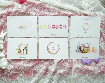 Happy Easter watercolor card set, Funny painted holiday cards, Bunny cards for friends and family, Handmade Easter card set.
