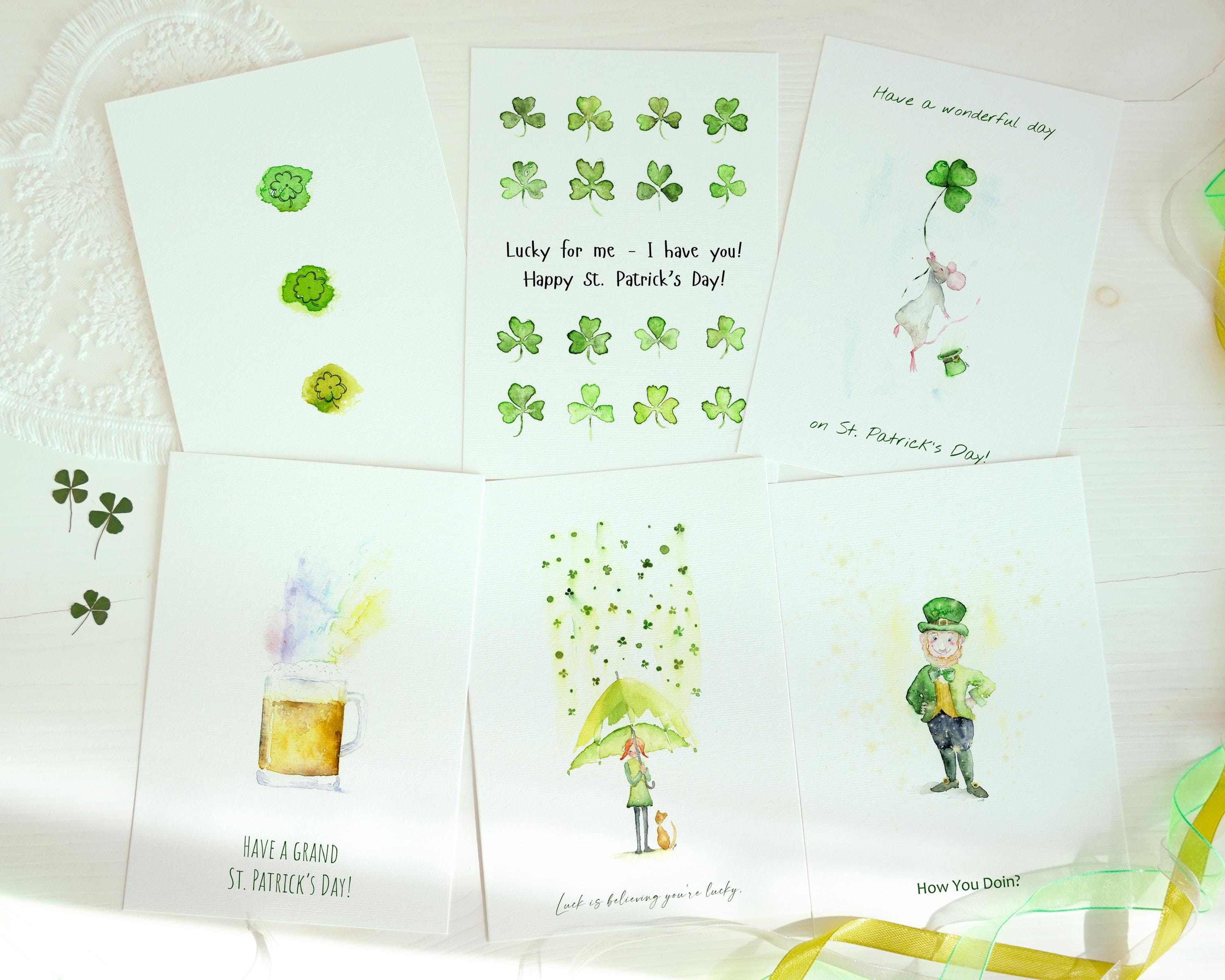 St Patrick's Day Card Pack, Watercolor greeting Cards, Happy St. Patrick's day, Holiday Card Set, Seasonal Card, Funny Card, Shamrocks
