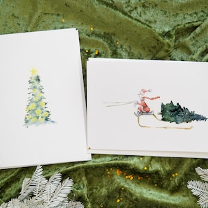 2 cartes de Noël, cartes d'art aquarelle pour les fêtes, jeu de cartes de voeux Noël hiver, cartes Joyeux Noël, cartes de voeux Père Noël