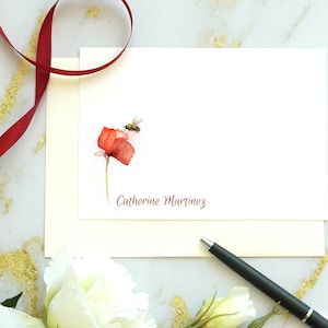 Papeterie personnelle personnalisée, cartes de correspondance faites à la main, cartes de correspondance florales violettes aquarelles, ensemble d'écriture de lettre personnalisée. Art de l'anémone rouge.