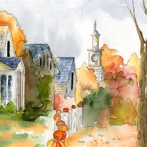 May include: Watercolour painting depicting a charming neighbourhood scene with houses, a church steeple, and autumn foliage. A line of pumpkins sits in front of a white picket fence.