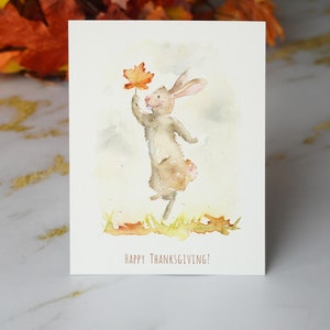 Cartão de Ação de Graças, Cartões de Folhas em Aquarela, Conjunto de Cartões de Saudações, Cartão de Feriado de Outono, Feliz Dia de Ação de Graças, Cartões de Coelhinhos Fofos no Outono