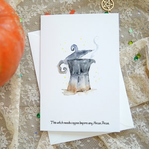 Cartes de voeux d'Halloween, carte saisonnière d'aquarelle, jeu de cartes d'Halloween, carte de vacances d'automne, papeterie d'Halloween, carte drôle de manche à balai de sorcière