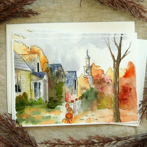 Conjunto de cartões de agradecimento, cartões com folhas vermelhas em aquarela, cartão postal de feriado de outono, feliz dia de ação de graças no outono, cartões com paisagens de outono