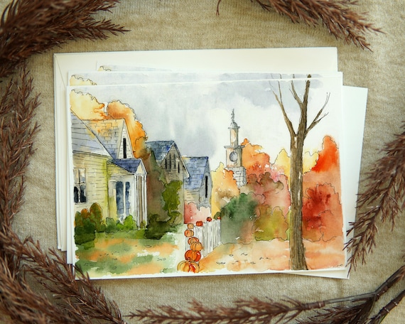 Thanksgiving greeting Card Set, Watercolor red leaves cards, Fall Holiday post card, Autumn Happy Thanksgiving, Landscape in the fall Cards