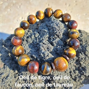 Tiger&#39;s Eye / Hawk&#39;s Eye / Bull&#39;s Eye 10mm Bracelet, Box + Benefits Booklet for +65 Stones. Adjustable to your wrist.